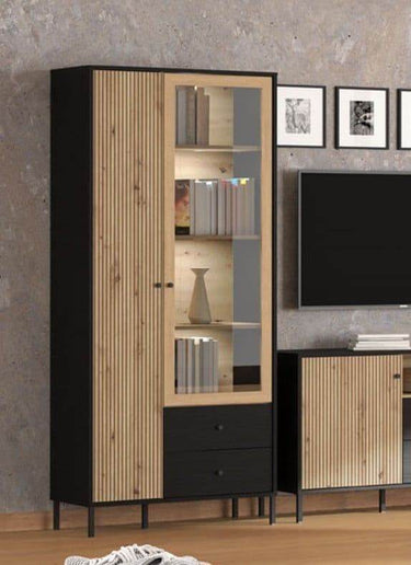 Clifton Slatted Artisan Oak Effect and Black Display Cabinet - Ample Storage Solution - UK Luxury Furniture